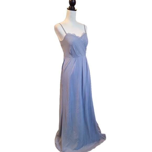 Azazie NWT Tegan Slate Blue Chiffon & Eyelash Lace Long A-line Gown, Size 4 - Picture 4 of 11